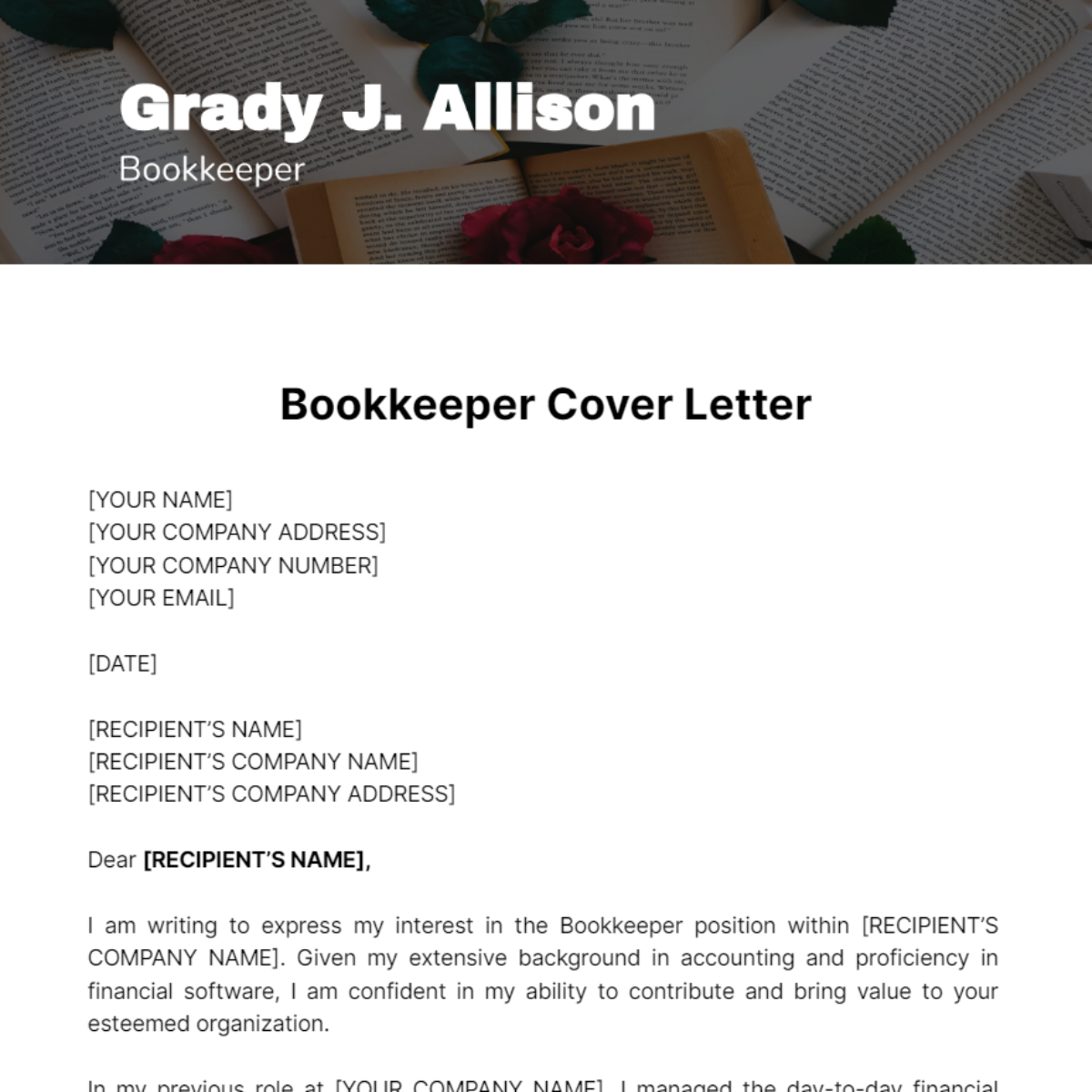 Bookkeeper Cover Letter Template
