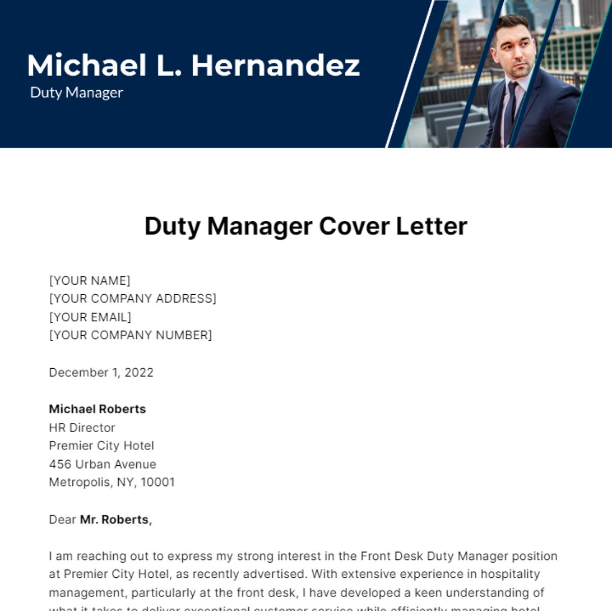 Duty Manager Cover Letter Template