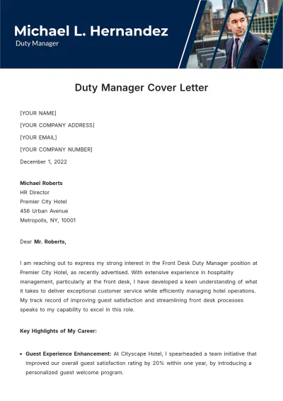 Free Duty Manager Cover Letter Template to Edit Online
