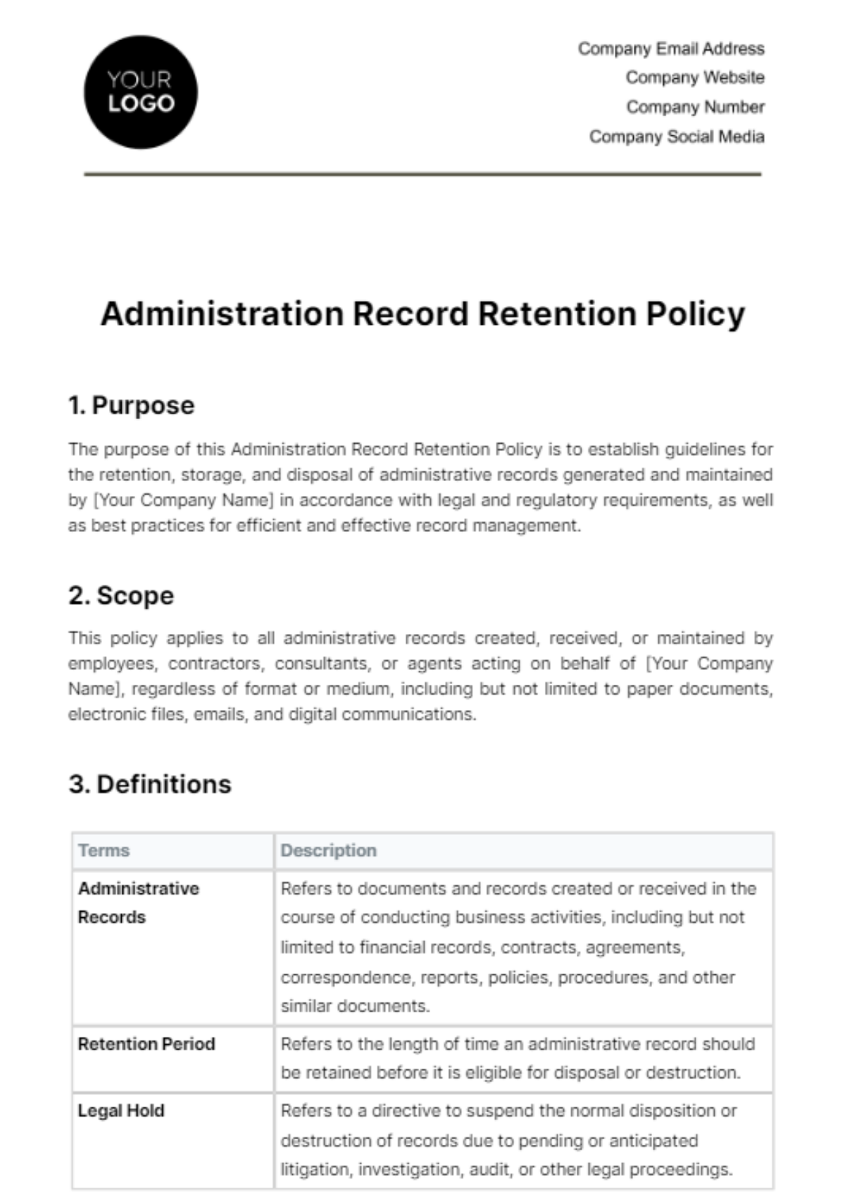 Free Administration Record Retention Policy Template