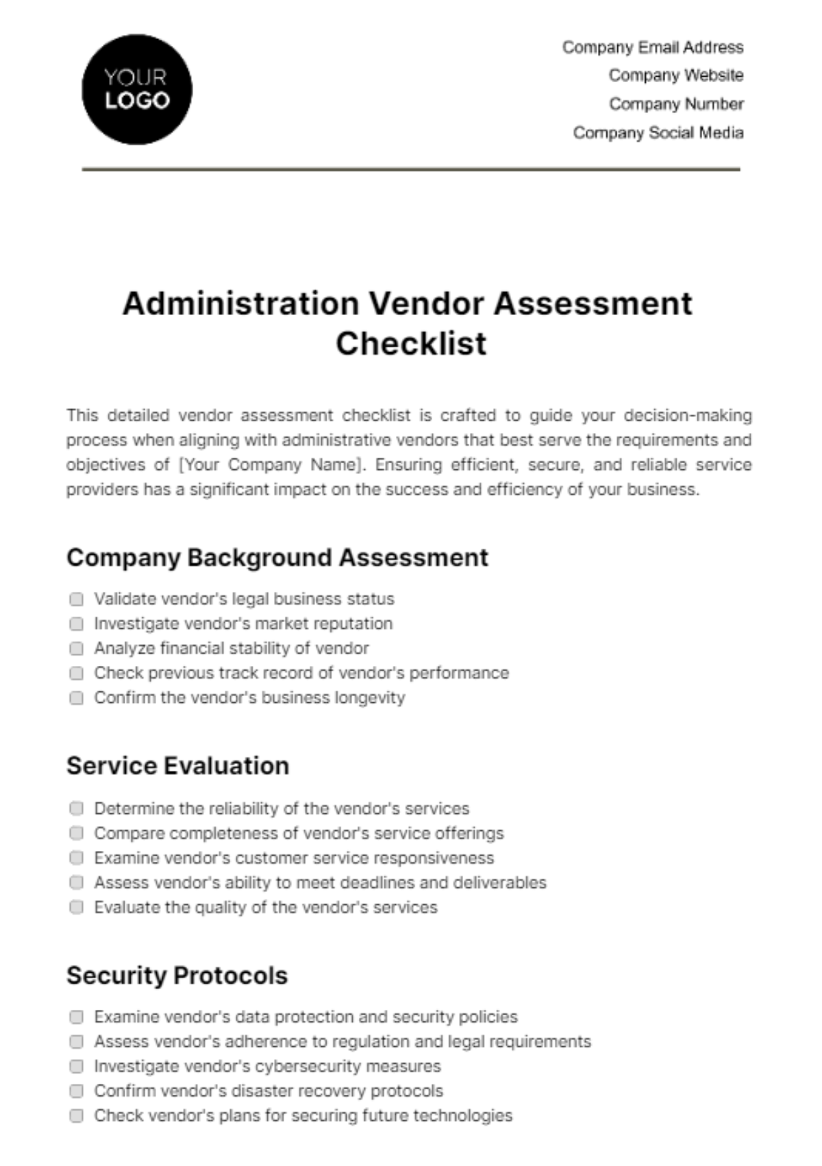 Free Administration Vendor Assessment Checklist Template