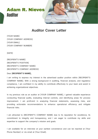 Free Auditor Cover Letter Template to Edit Online