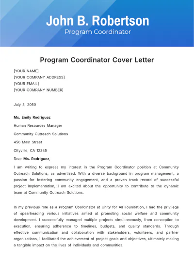 Free Program Coordinator Cover Letter Template to Edit Online