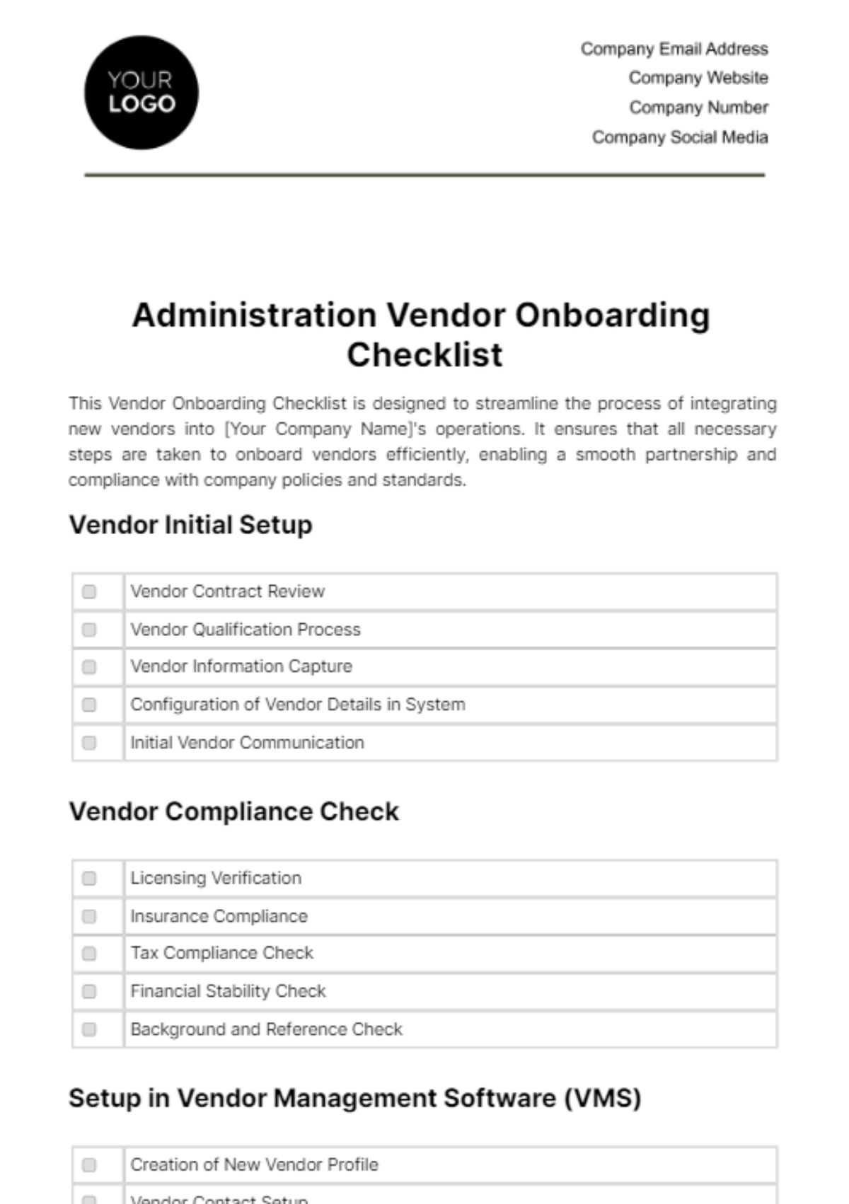 Free Administration Vendor Onboarding Checklist Template