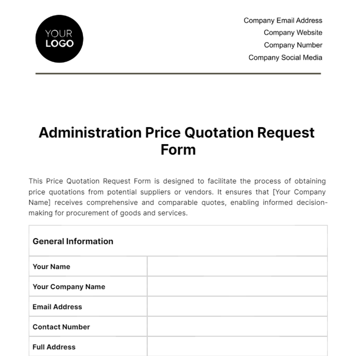 Free Administration Price Quotation Request Form Template