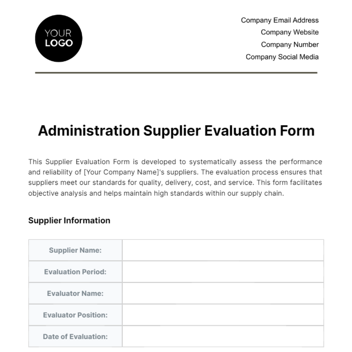 Free Administration Supplier Evaluation Form Template