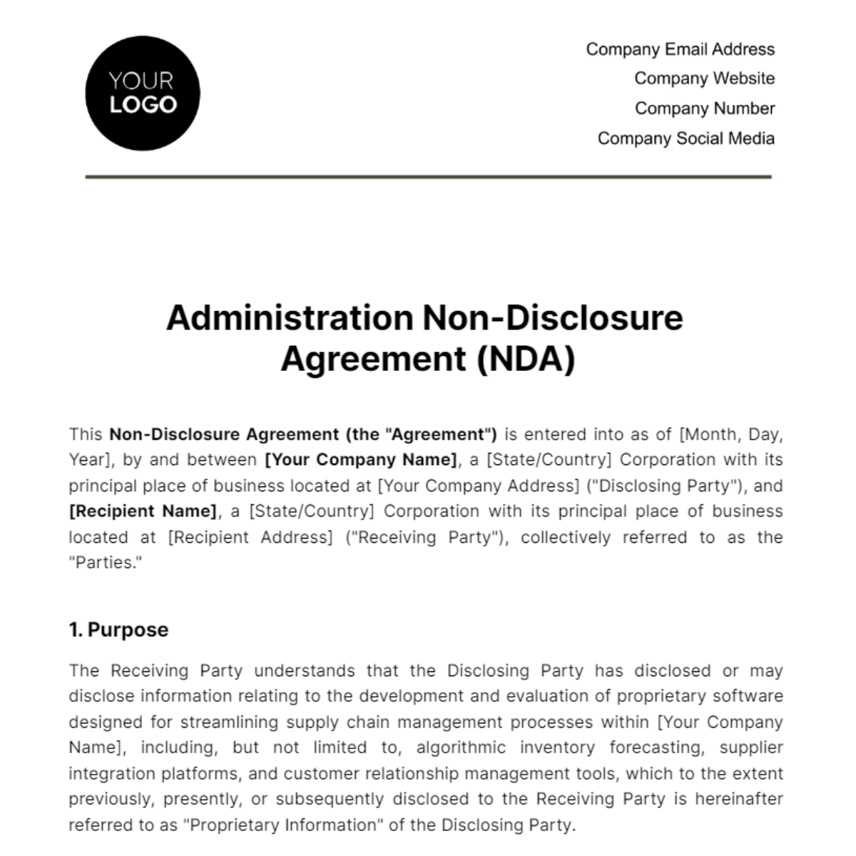 Free Administration Non-Disclosure Agreement (NDA) Template
