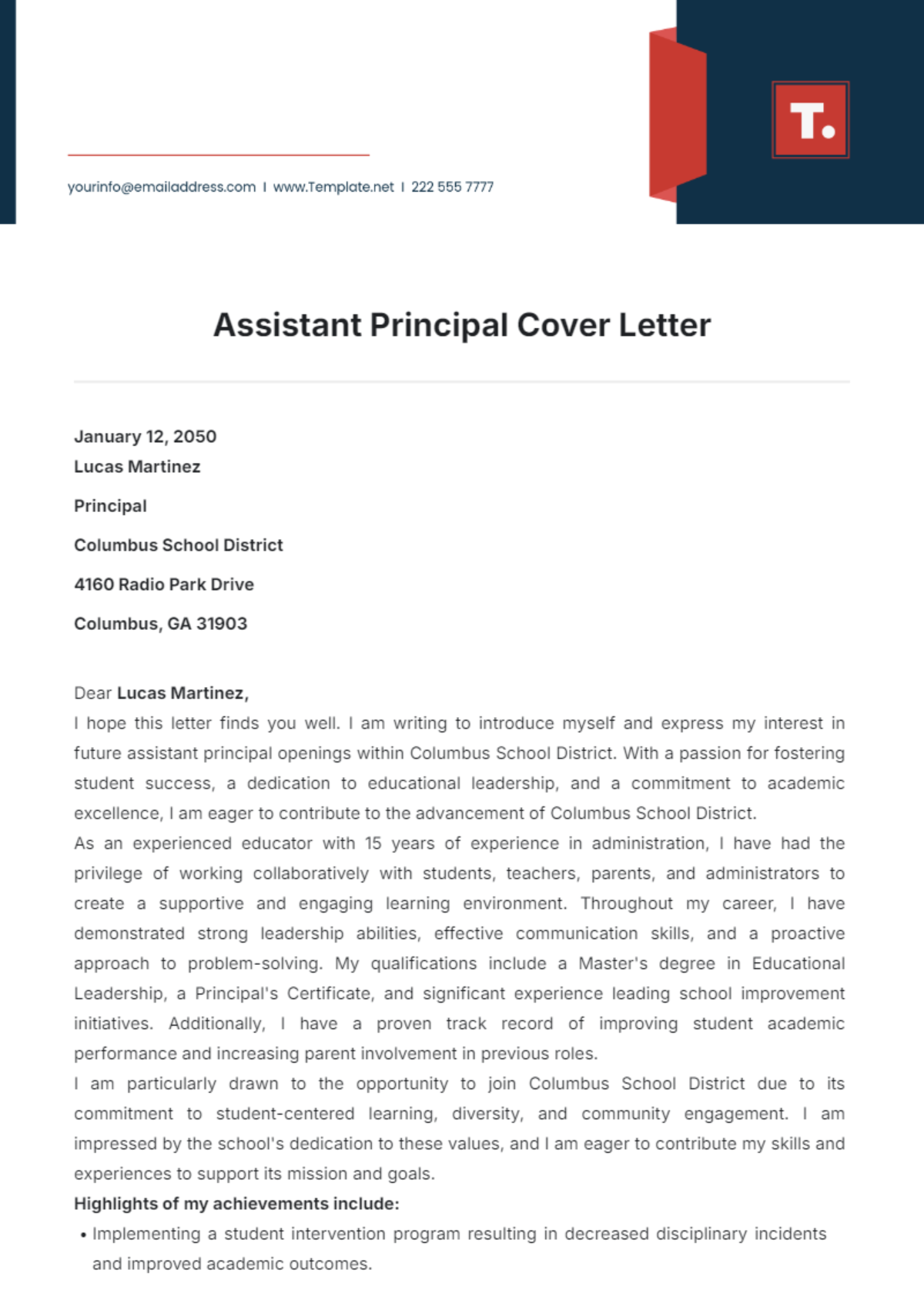 Assistant Principal Cover Letter Template - Edit Online & Download