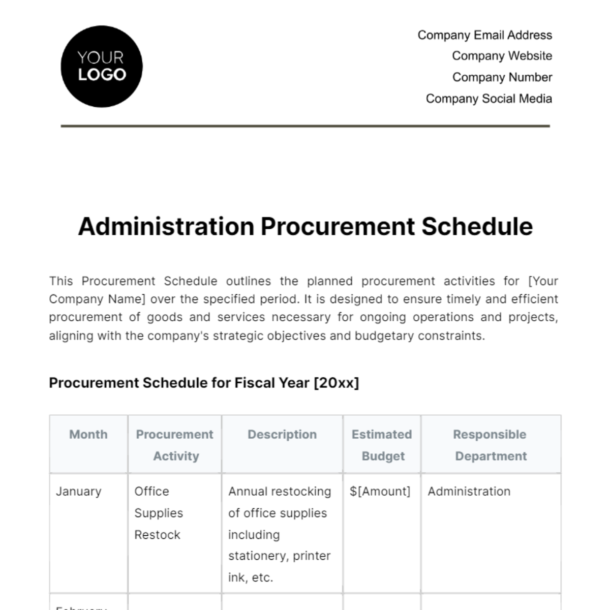 Free Administration Procurement Schedule Template