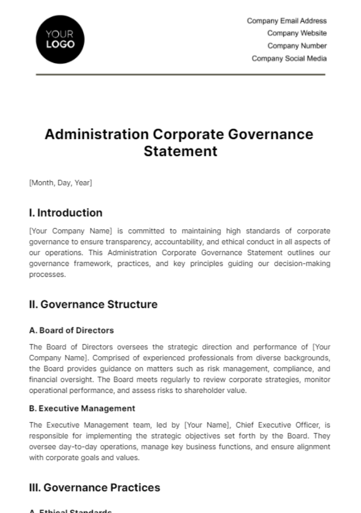 Free Administration Corporate Governance Statement Template