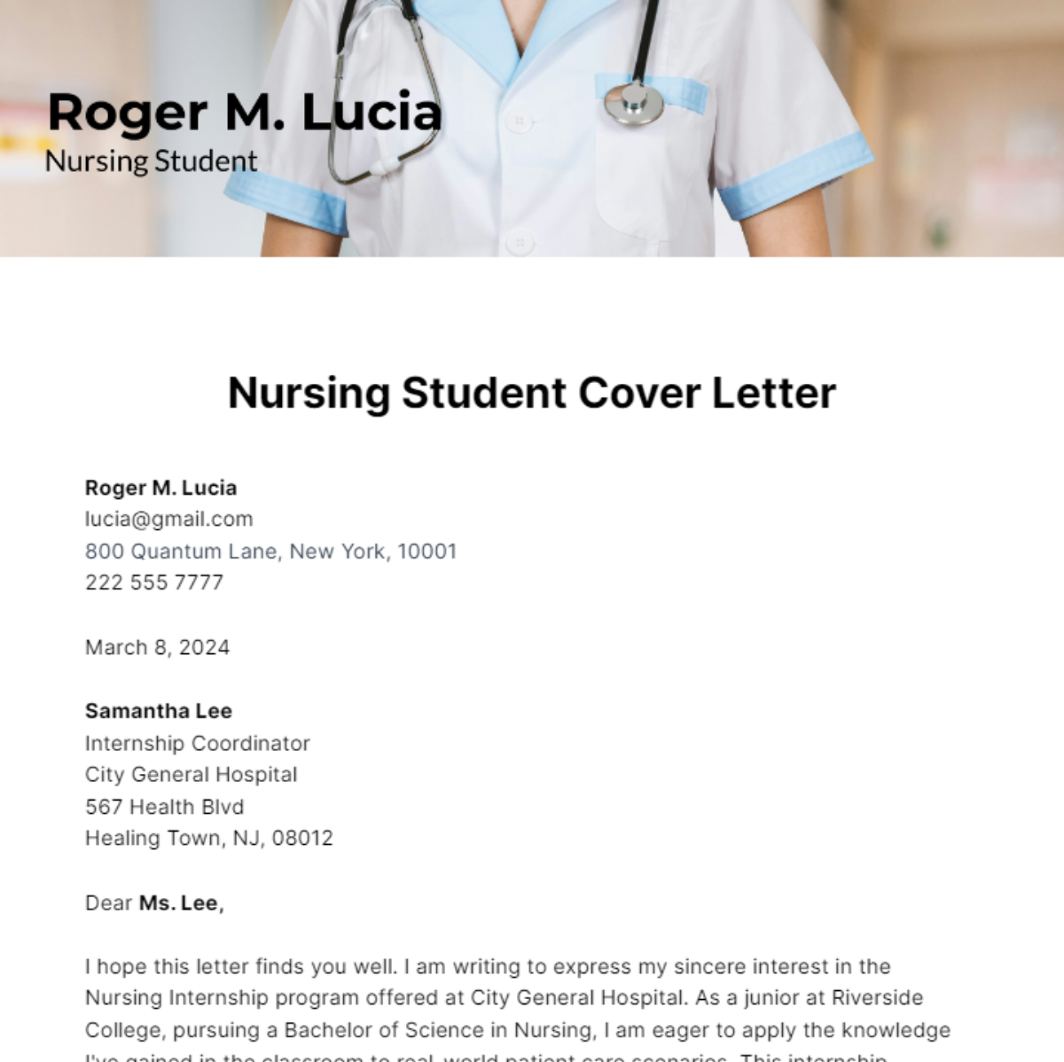 Nursing Student Cover Letter Template