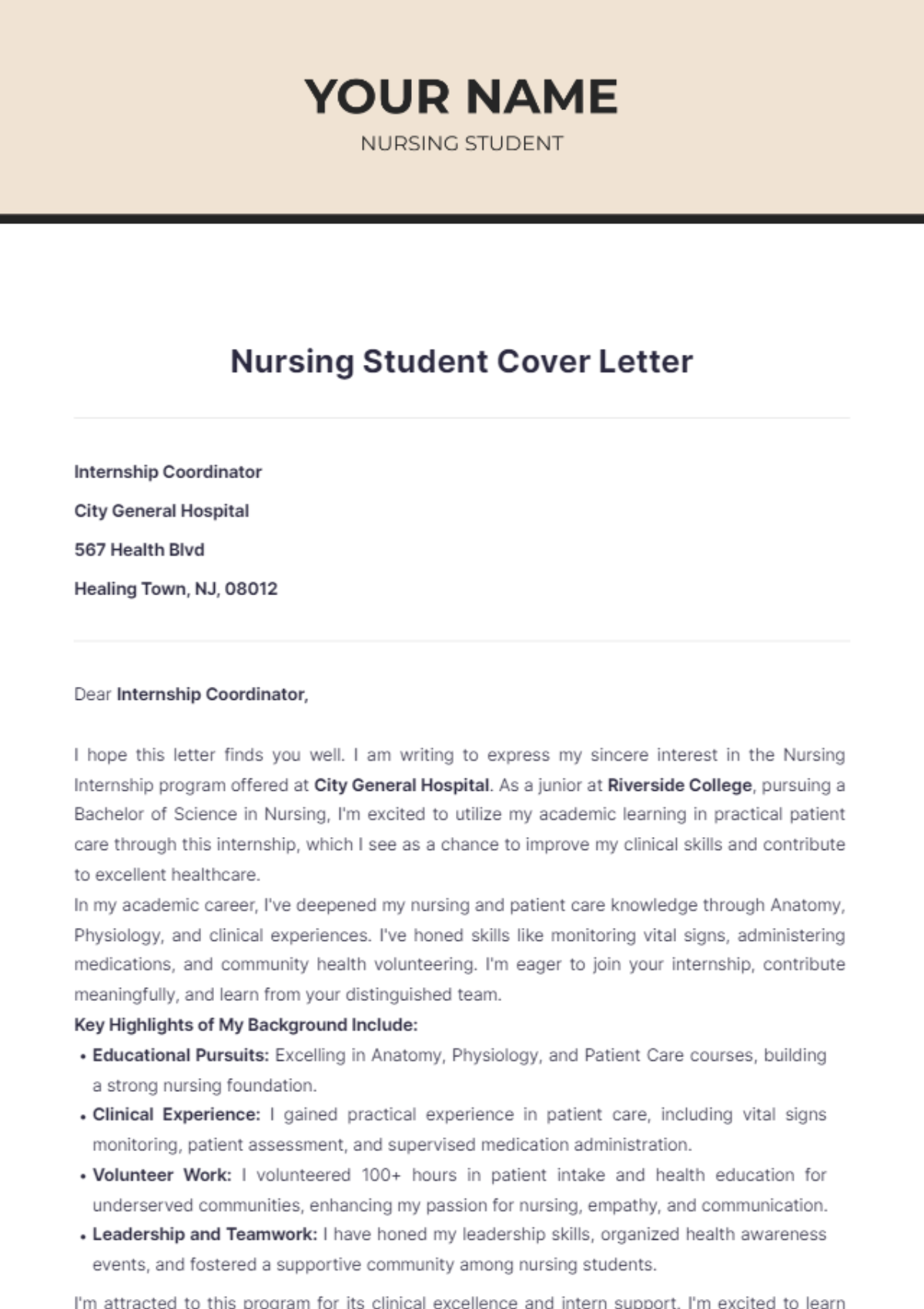 Nursing Student Cover Letter - Edit Online & Download