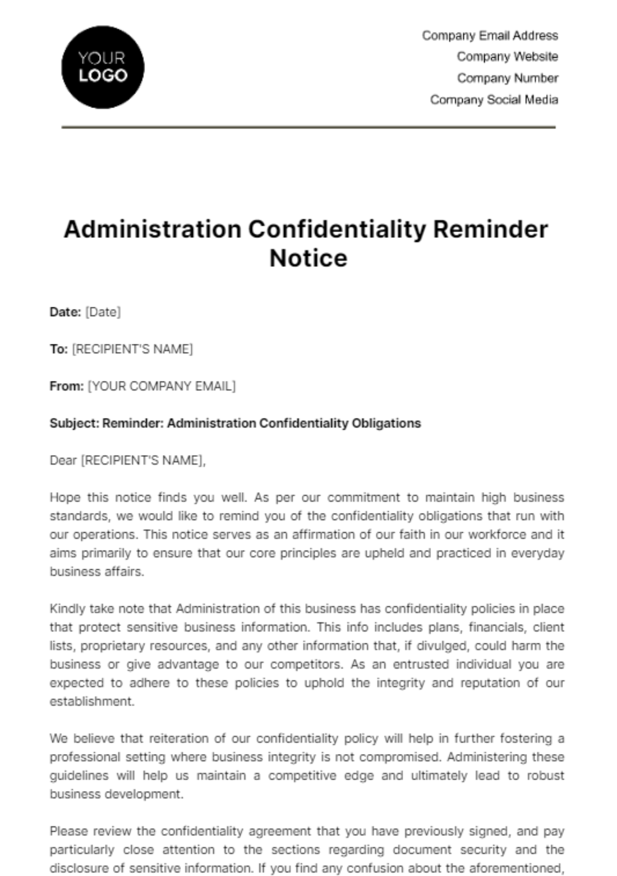 Free Administration Confidentiality Reminder Notice Template