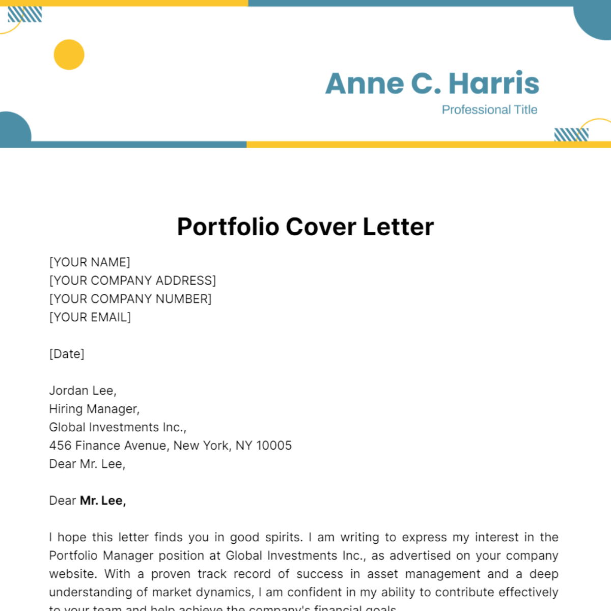 Portfolio Cover Letter Template