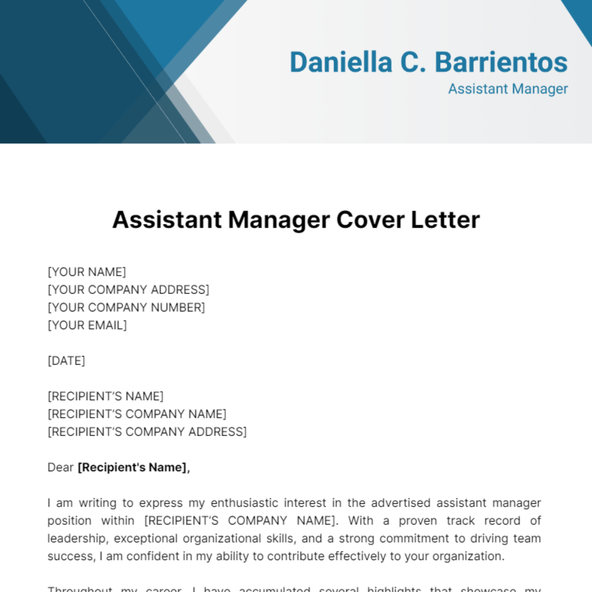 Assistant Manager Cover Letter Template
