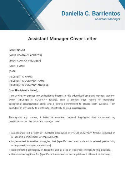 Free Assistant Manager Cover Letter Template to Edit Online
