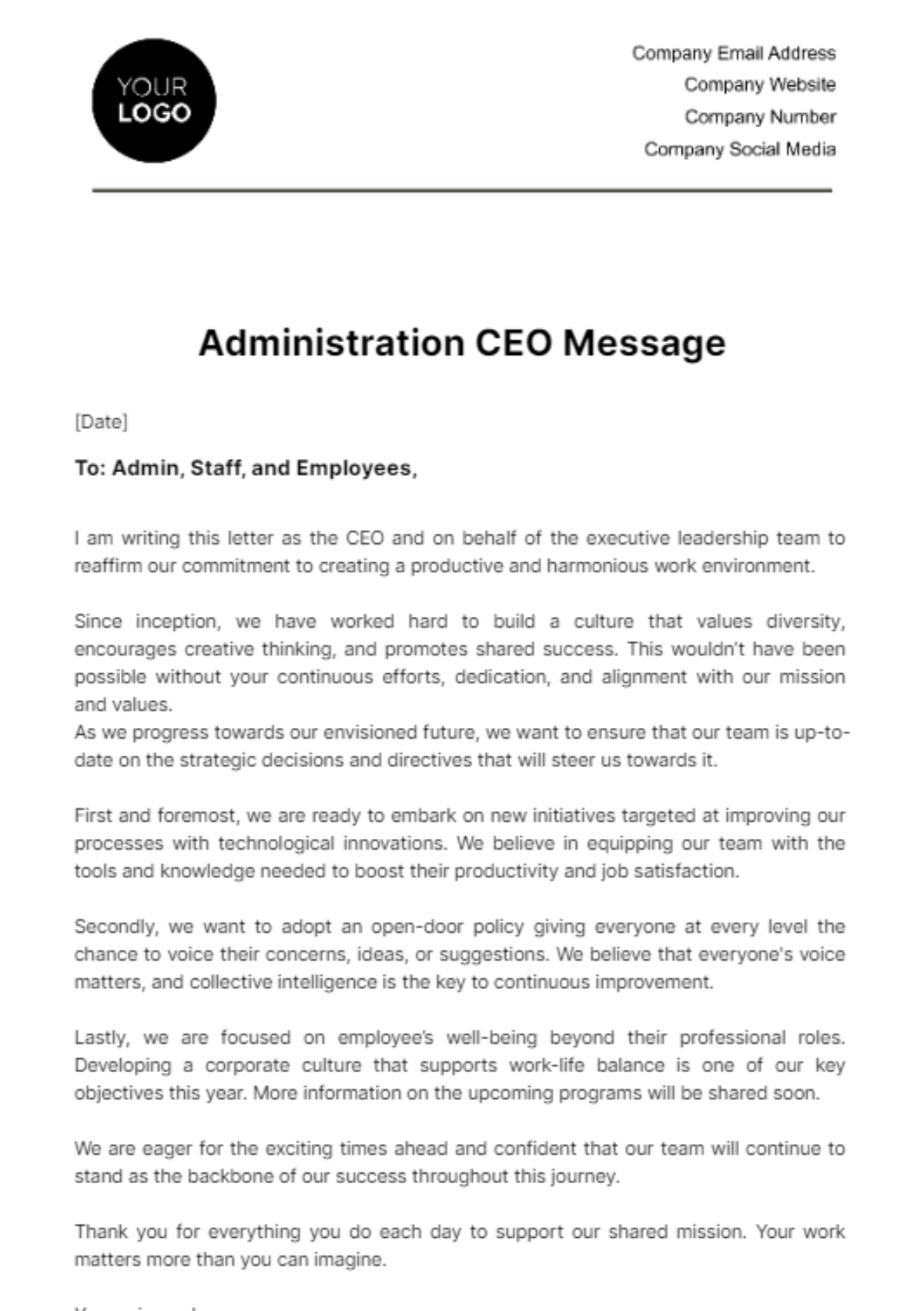 Free Administration CEO Message Template