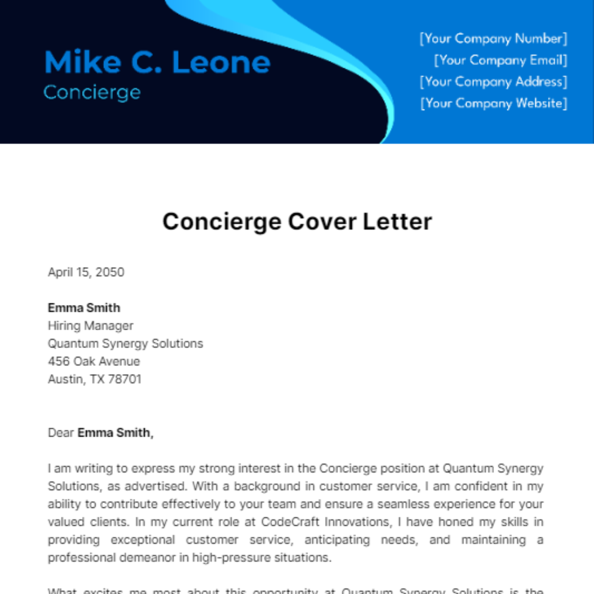 Concierge Cover Letter Template