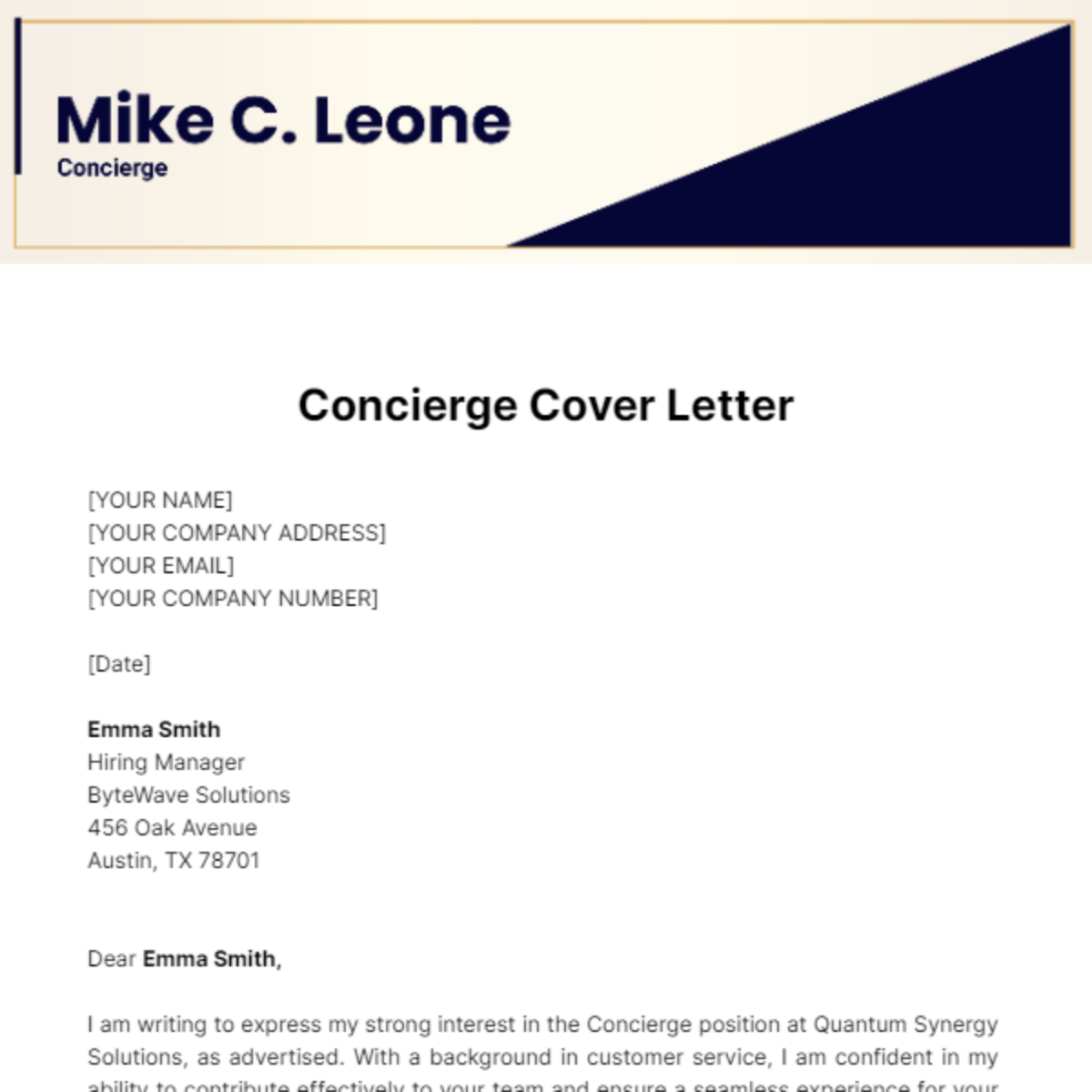 Concierge Cover Letter Template