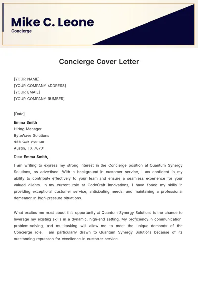 Free Concierge Cover Letter Template to Edit Online