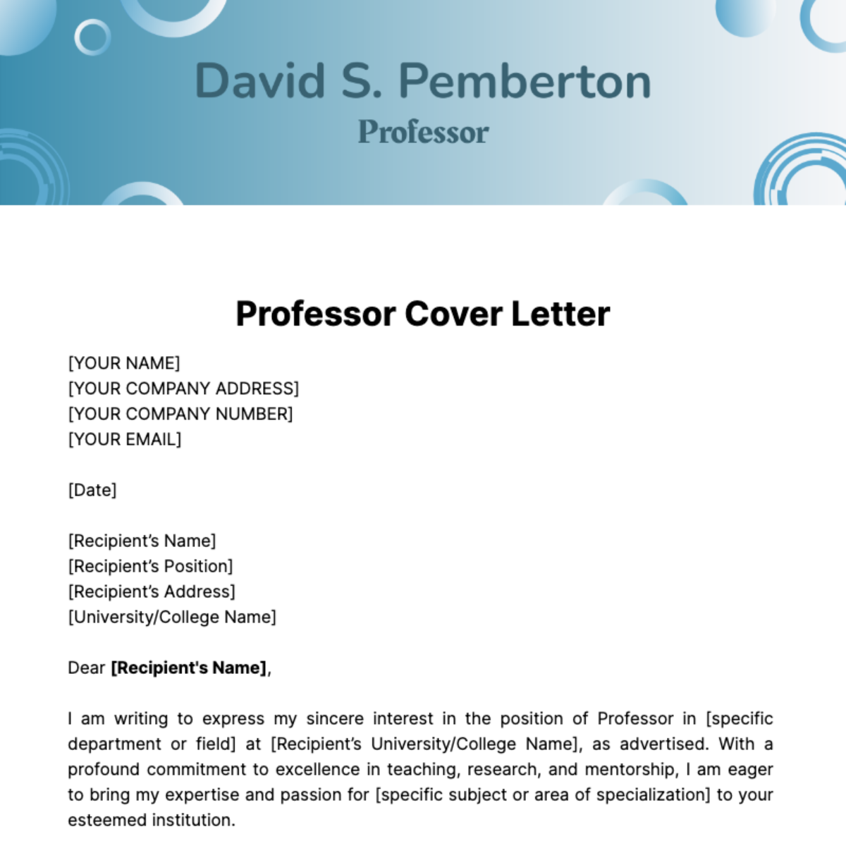 Professor Cover Letter Template