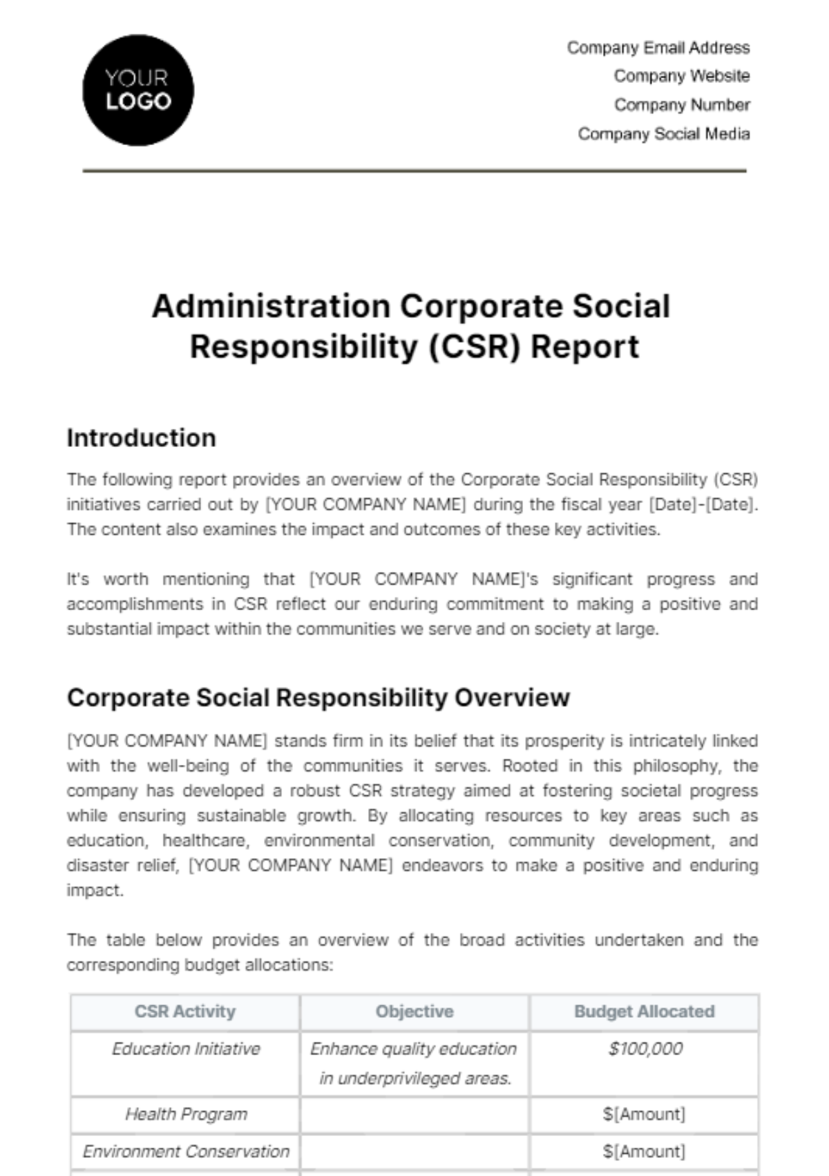 Administration Corporate Social Responsibility (CSR) Report Template
