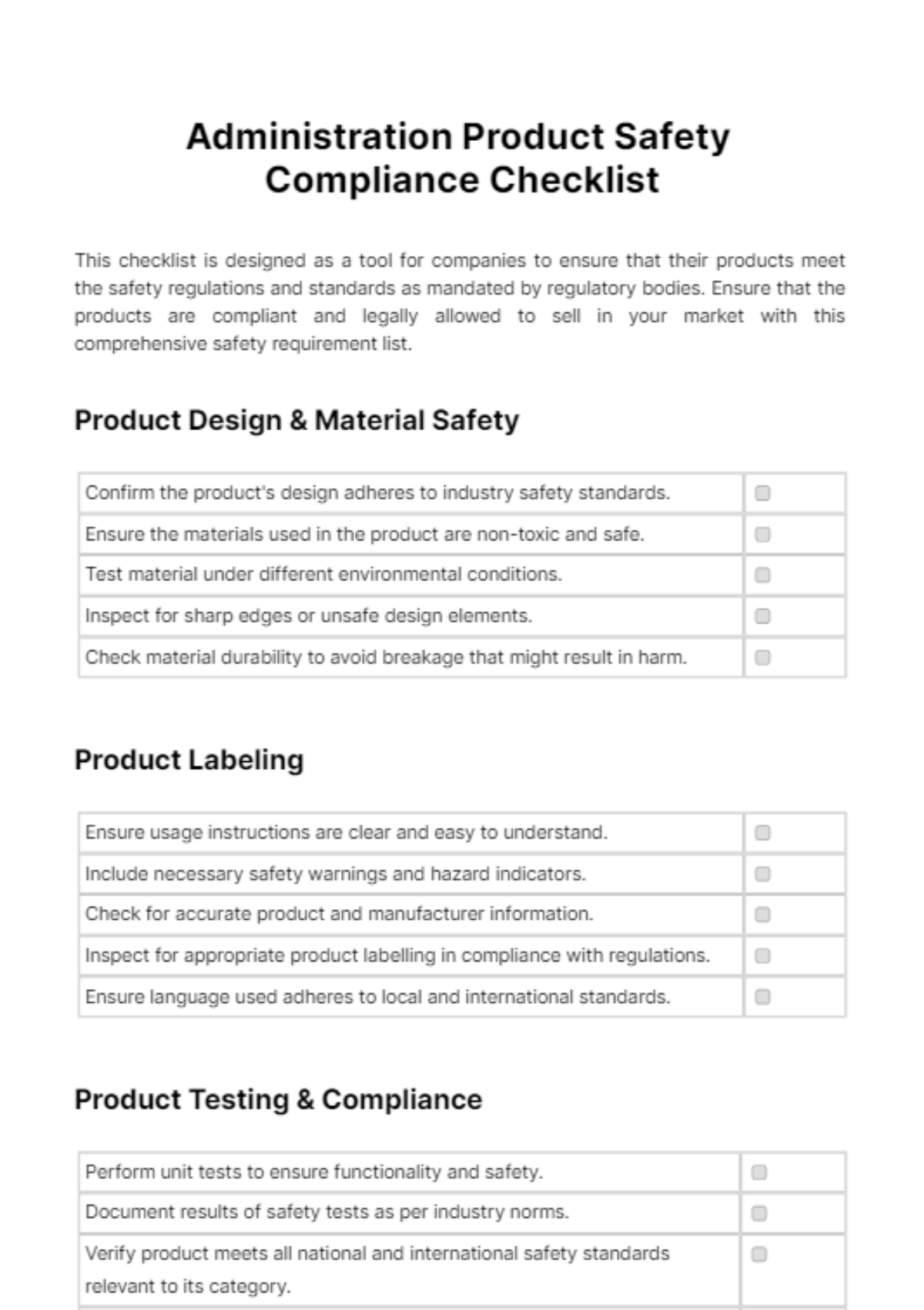 Free Administration Product Safety Compliance Checklist Template