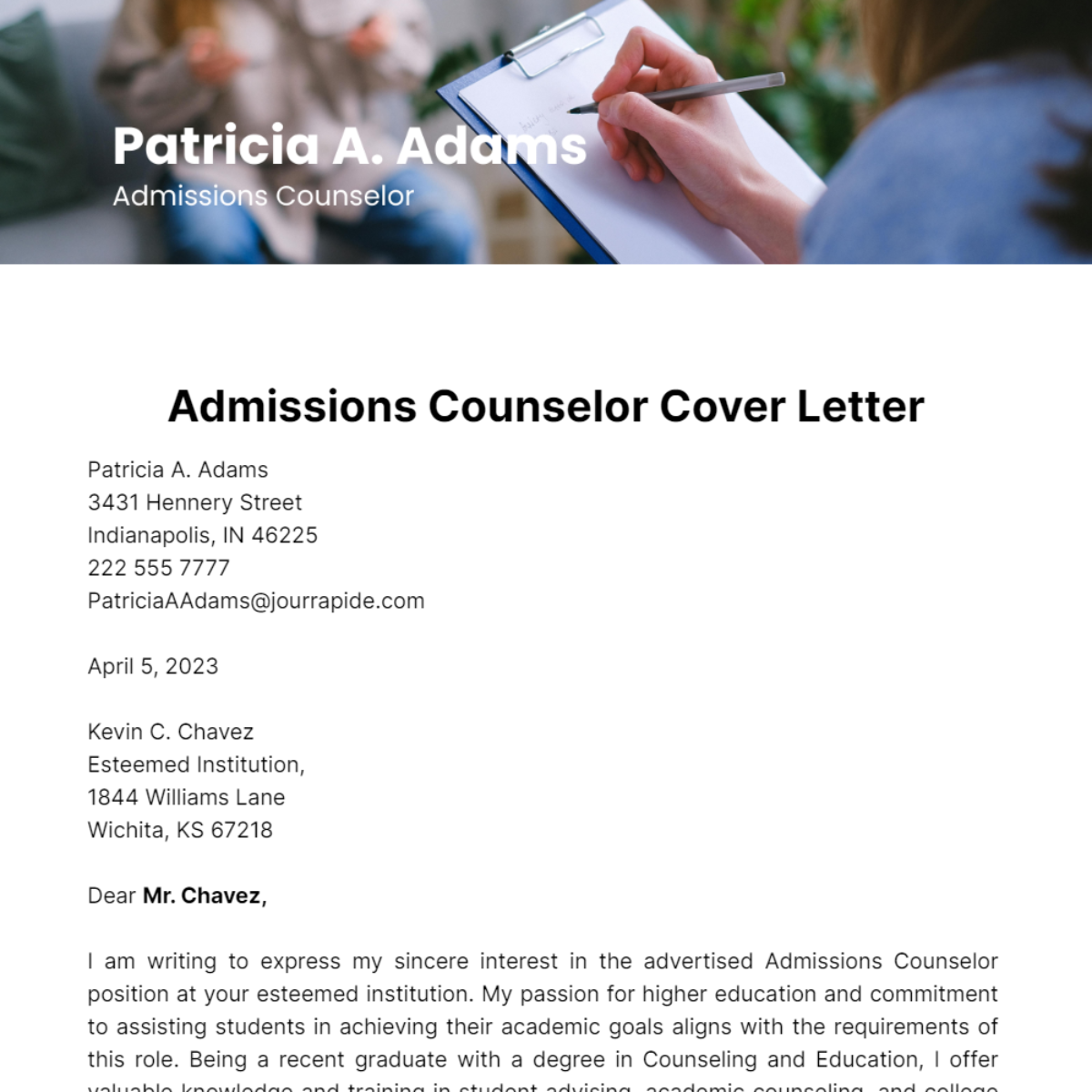 Admissions Counselor Cover Letter Template