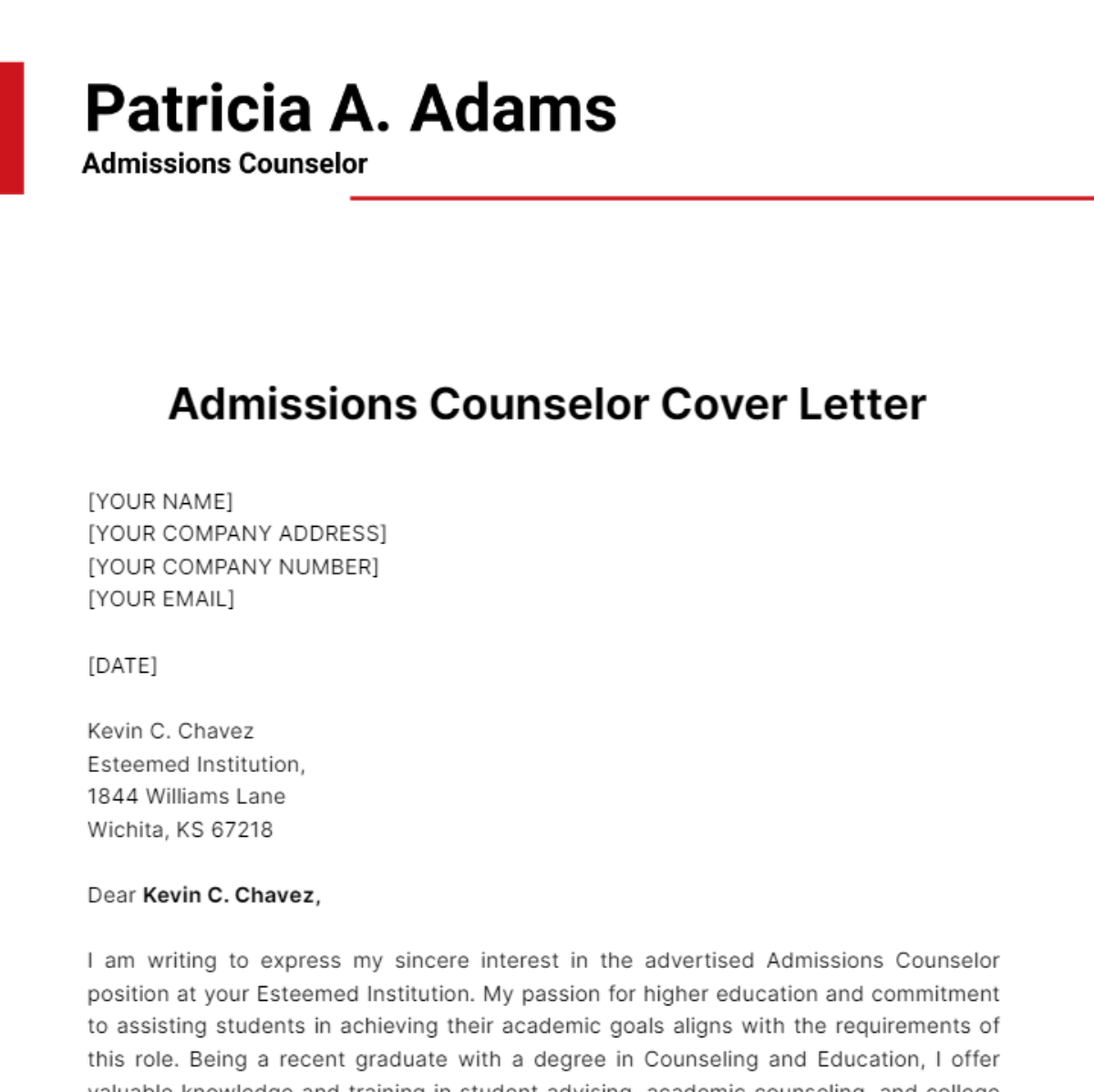 Admissions Counselor Cover Letter Template