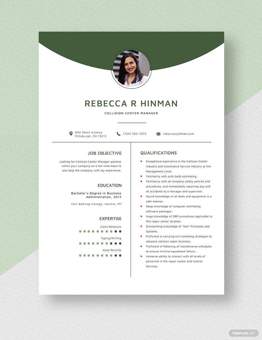 Collision Center Manager Resume In Word Pages Download Template