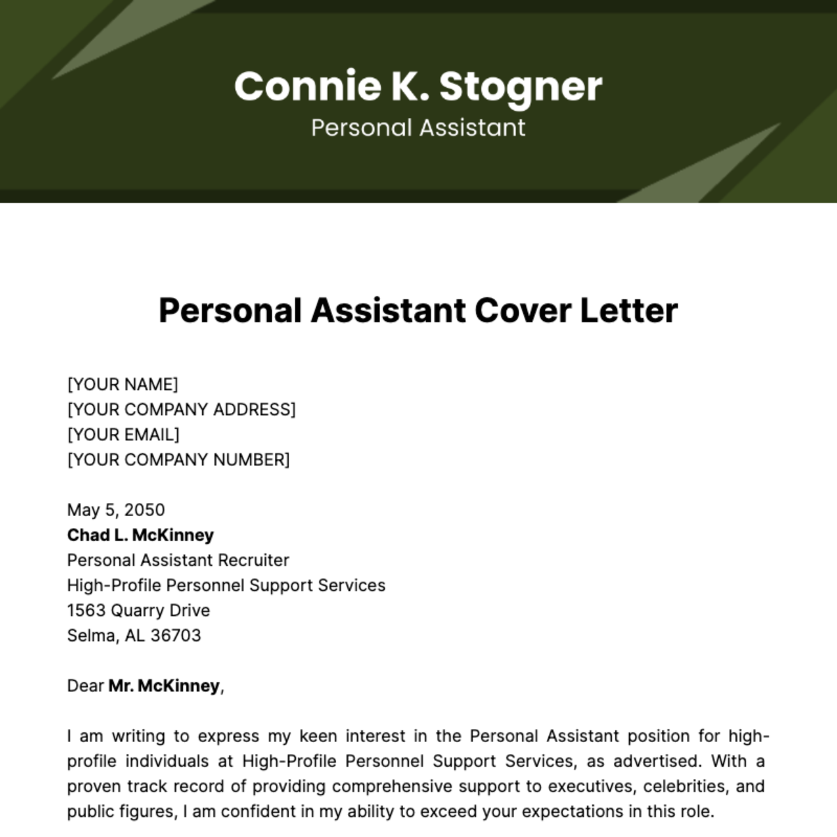 Personal Assistant Cover Letter Template