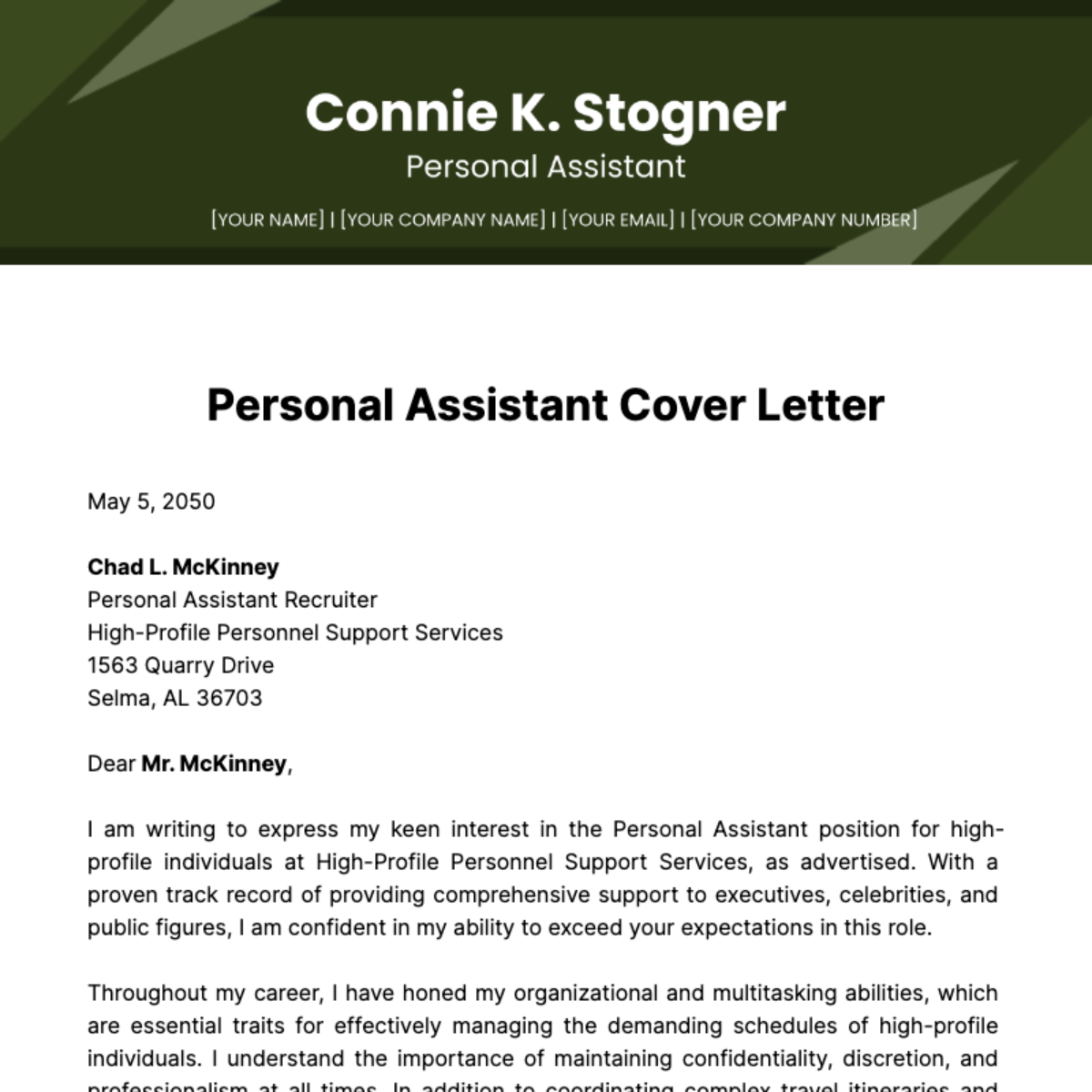 Personal Assistant Cover Letter Template