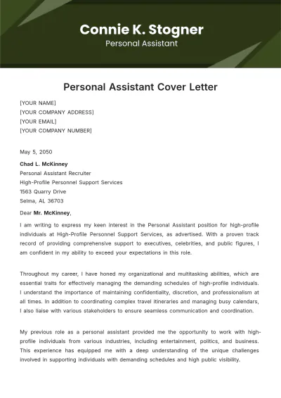Free Personal Assistant Cover Letter Template to Edit Online