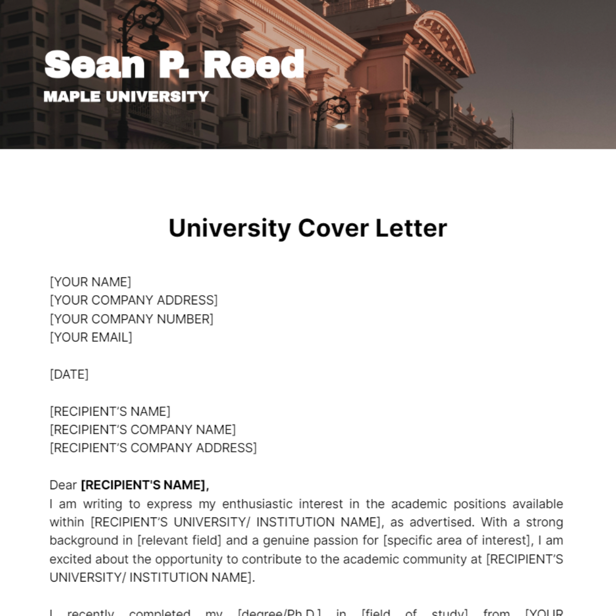 University Cover Letter Template