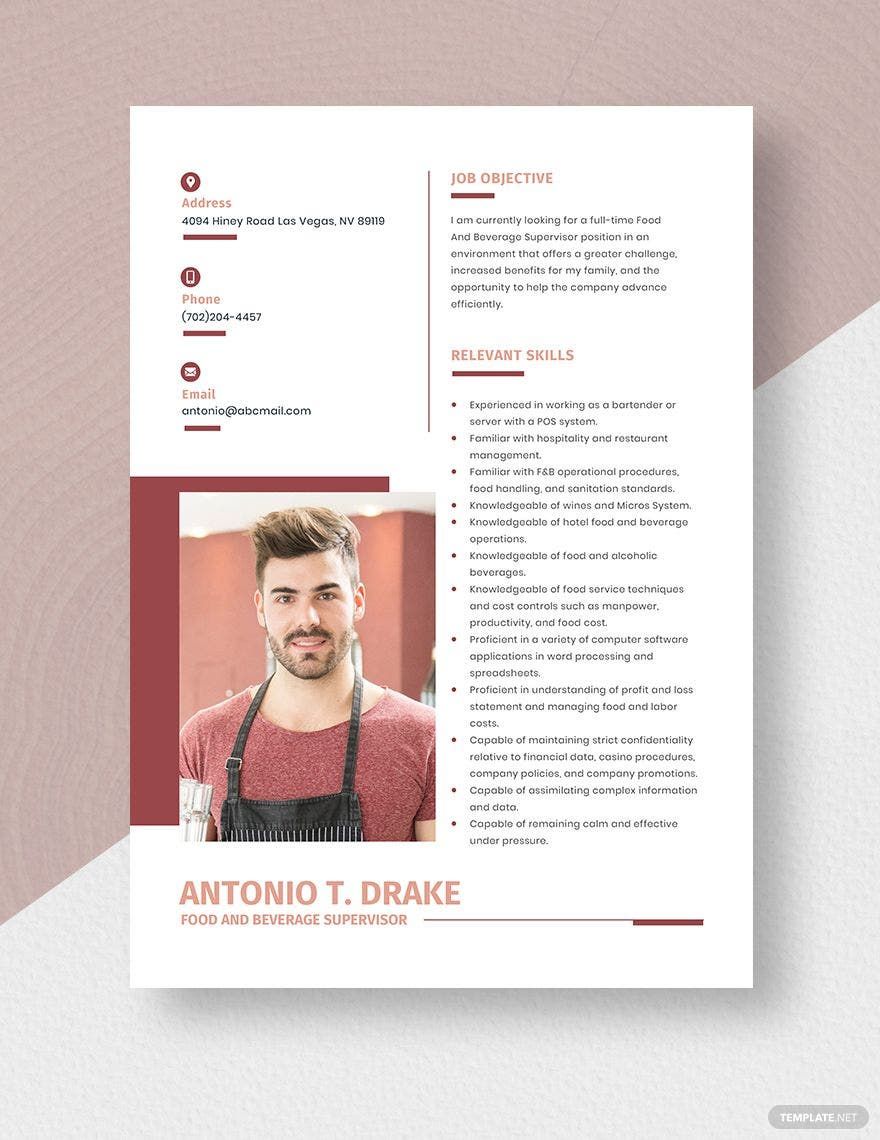 Food And Beverage Supervisor Resume Download In Word Apple Pages 