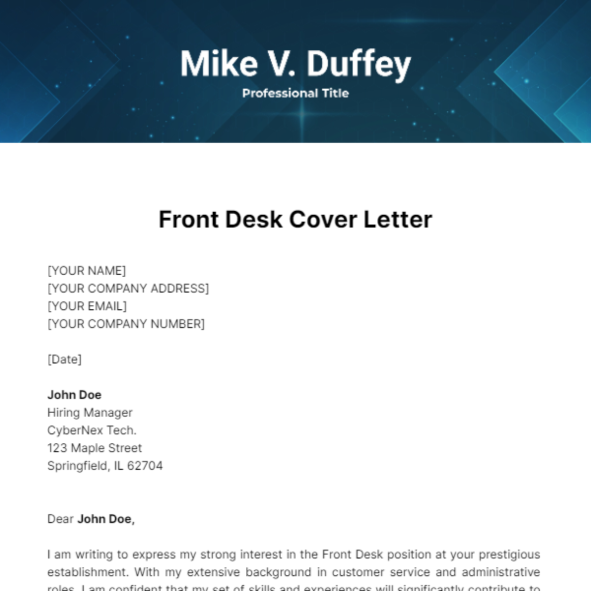 Front Desk Cover Letter Template