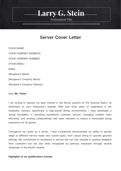 Free Server Cover Letter Template to Edit Online