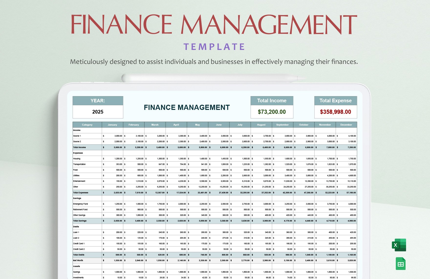 Finance Management Template in Excel, Google Sheets