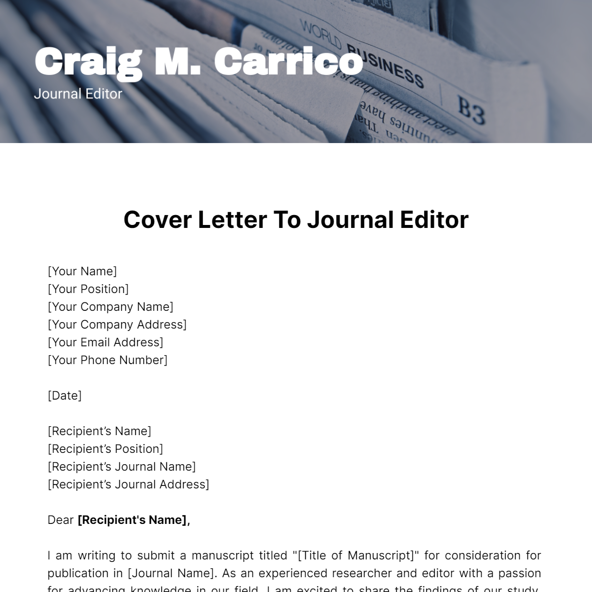 Cover Letter To Journal Editor Template