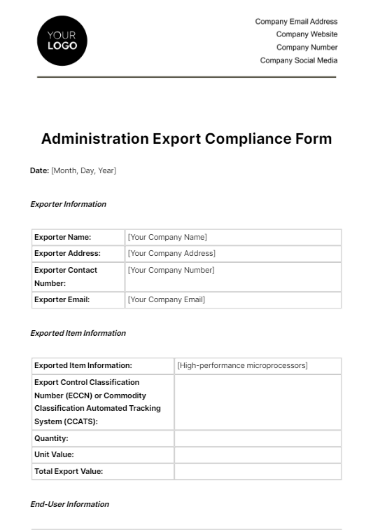 Free Administration Export Compliance Form Template