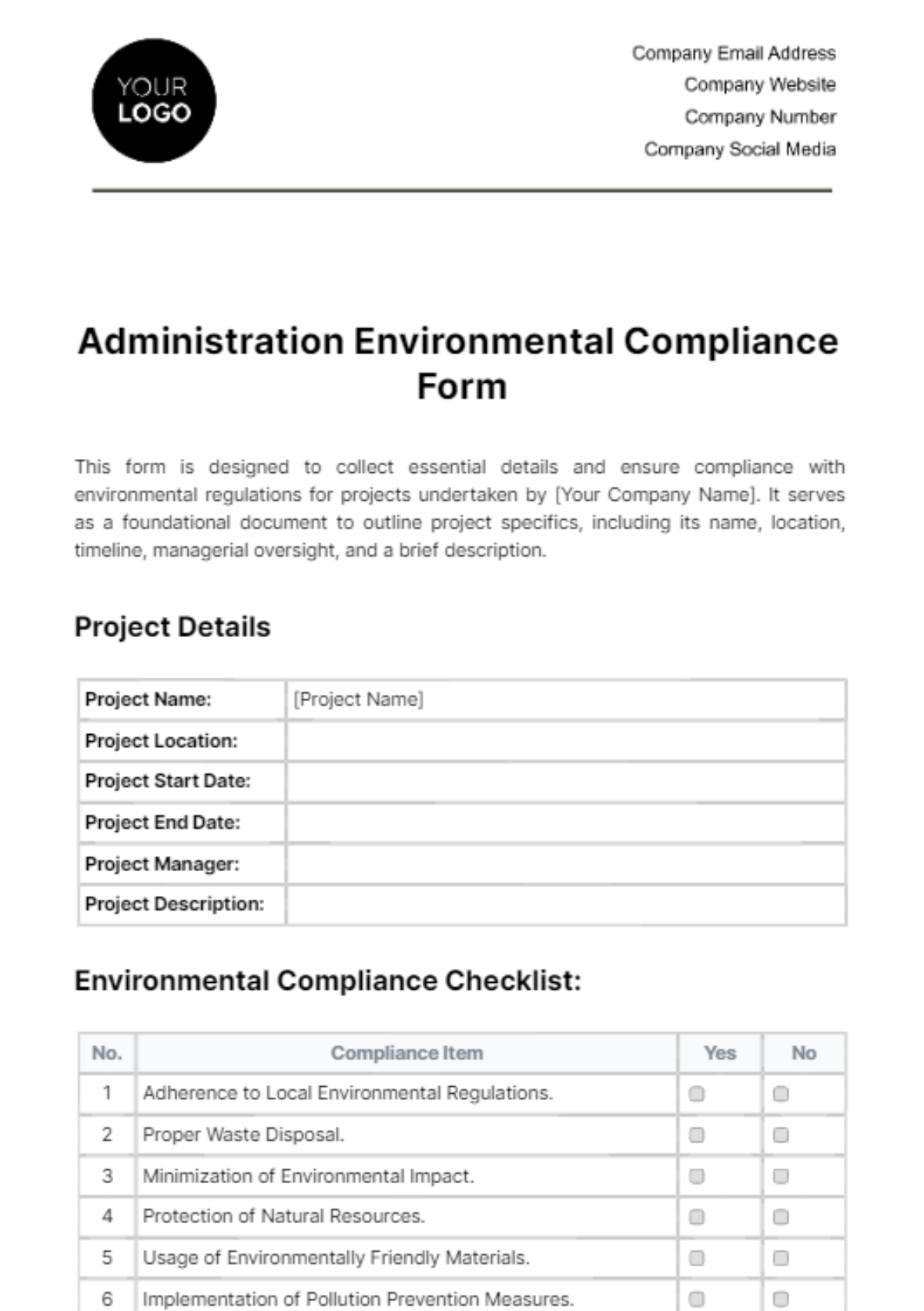 Free Administration Environmental Compliance Form Template