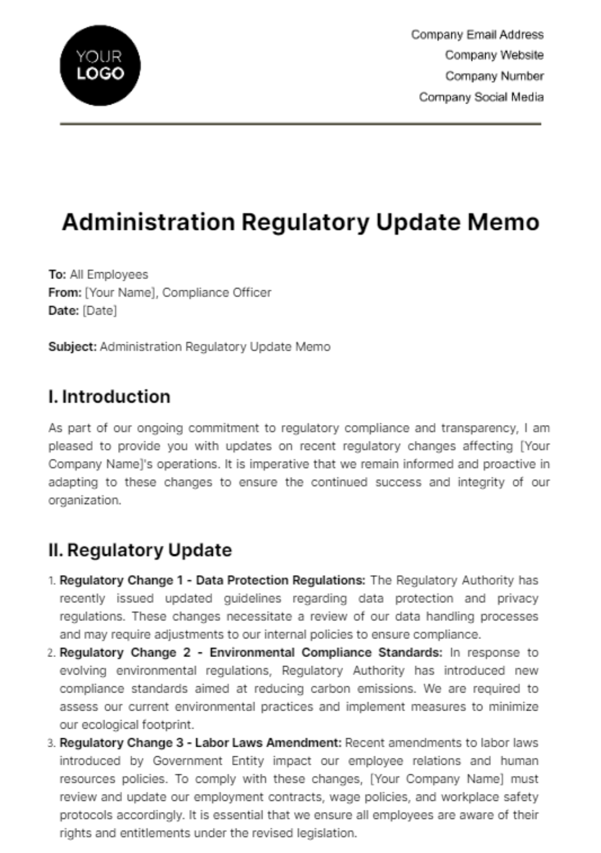 Free Administration Regulatory Update Memo Template