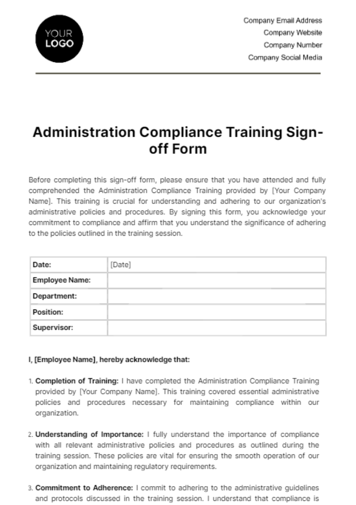 Administration Compliance Training Sign-off Form Template