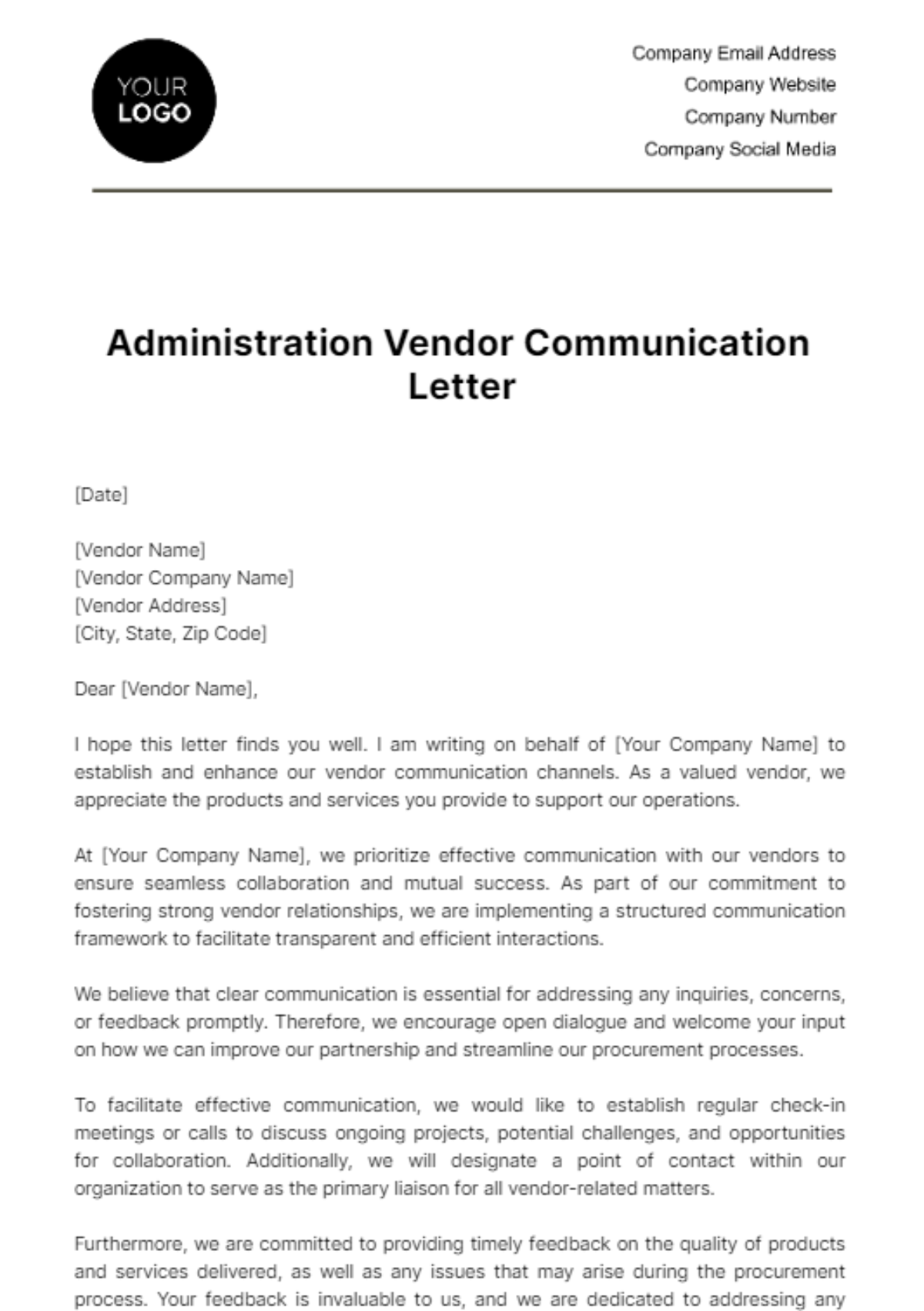 Administration Vendor Communication Letter Template