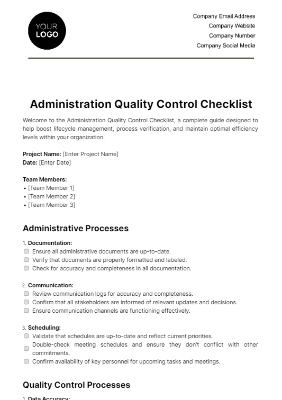 Administration Quality Control Checklist Template