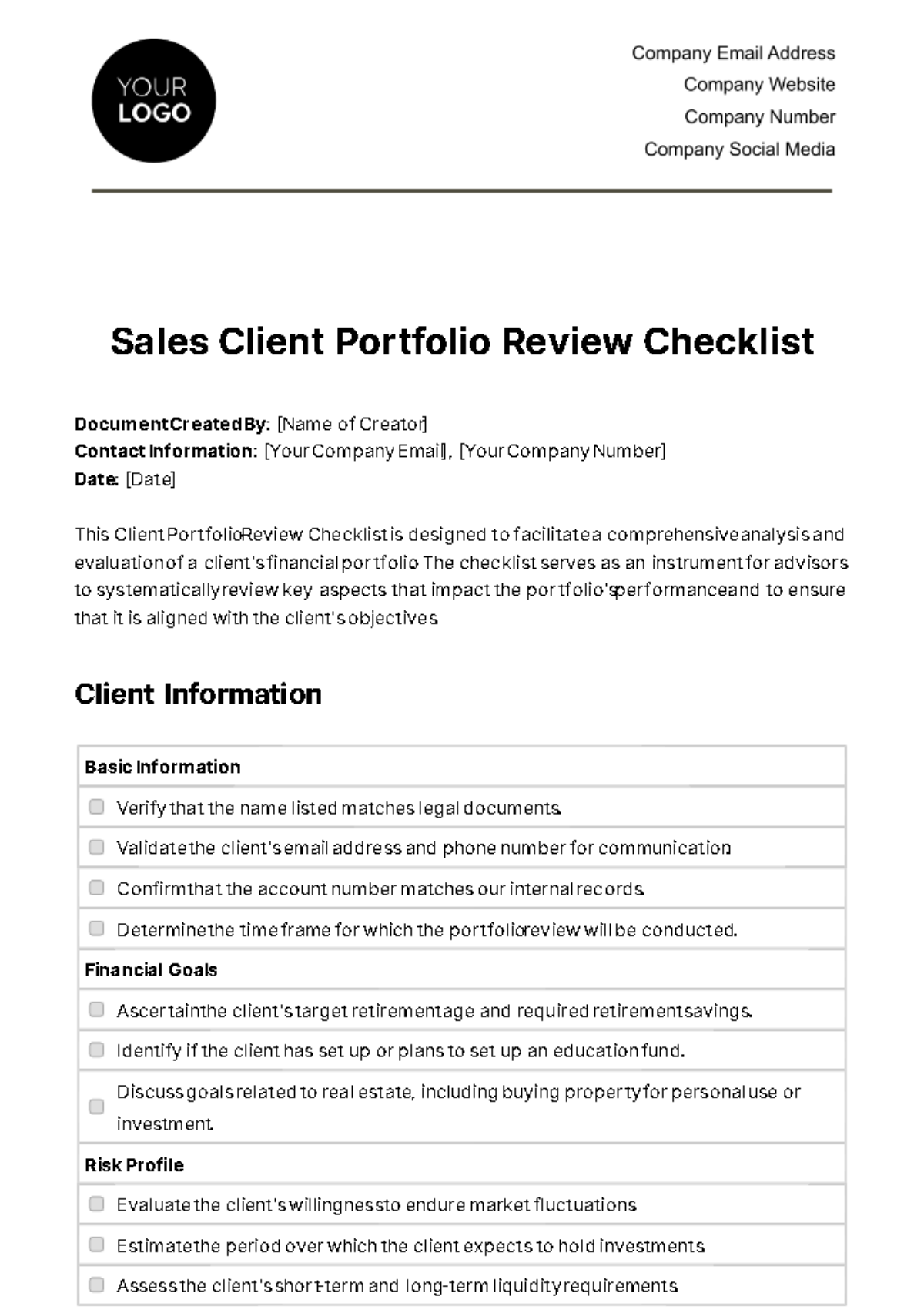 Free Sales Client Portfolio Review Checklist Template