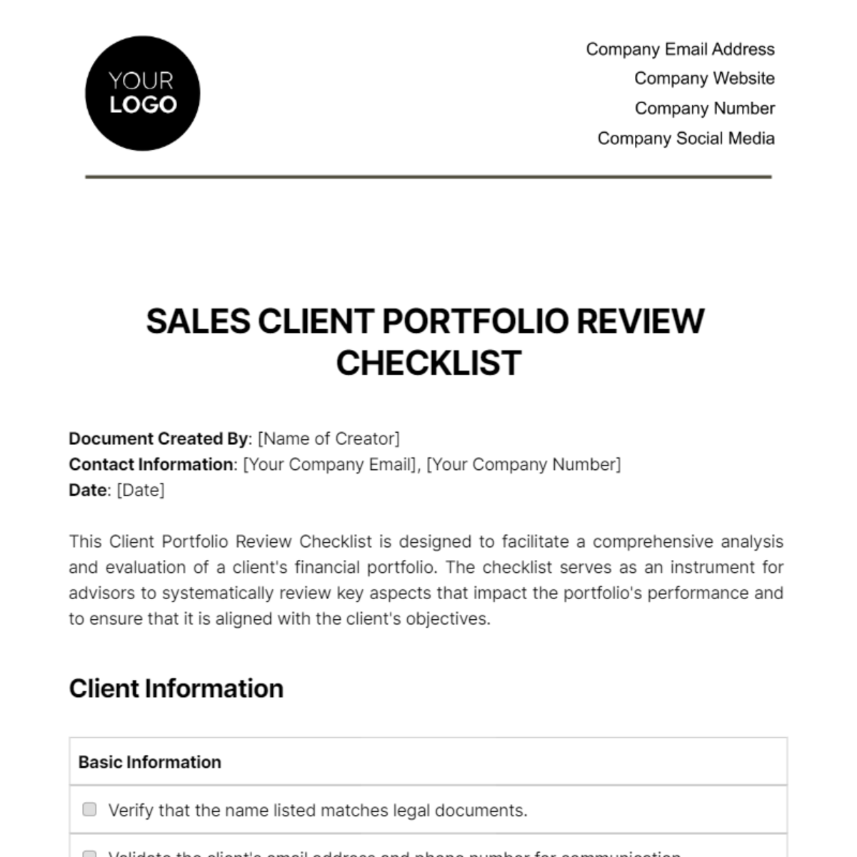 Sales Client Portfolio Review Checklist Template - Edit Online & Download