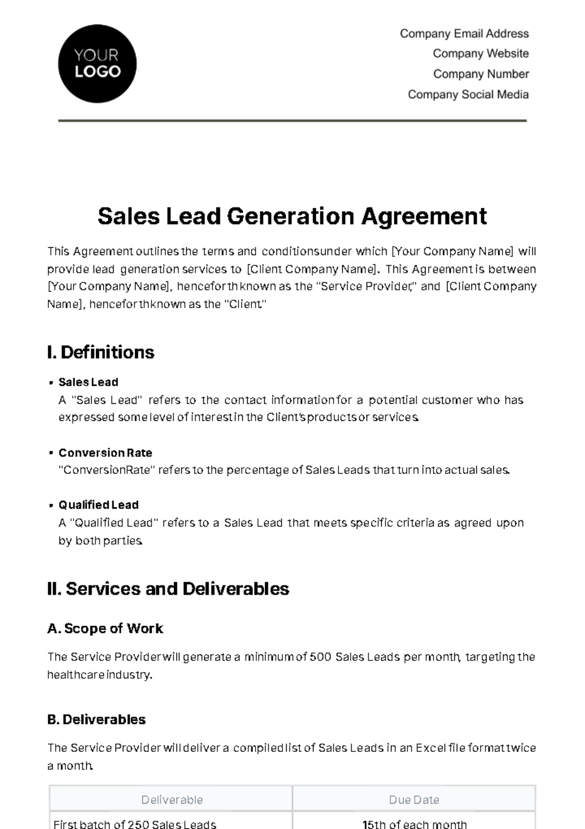 Free Sales Lead Generation Agreement Template