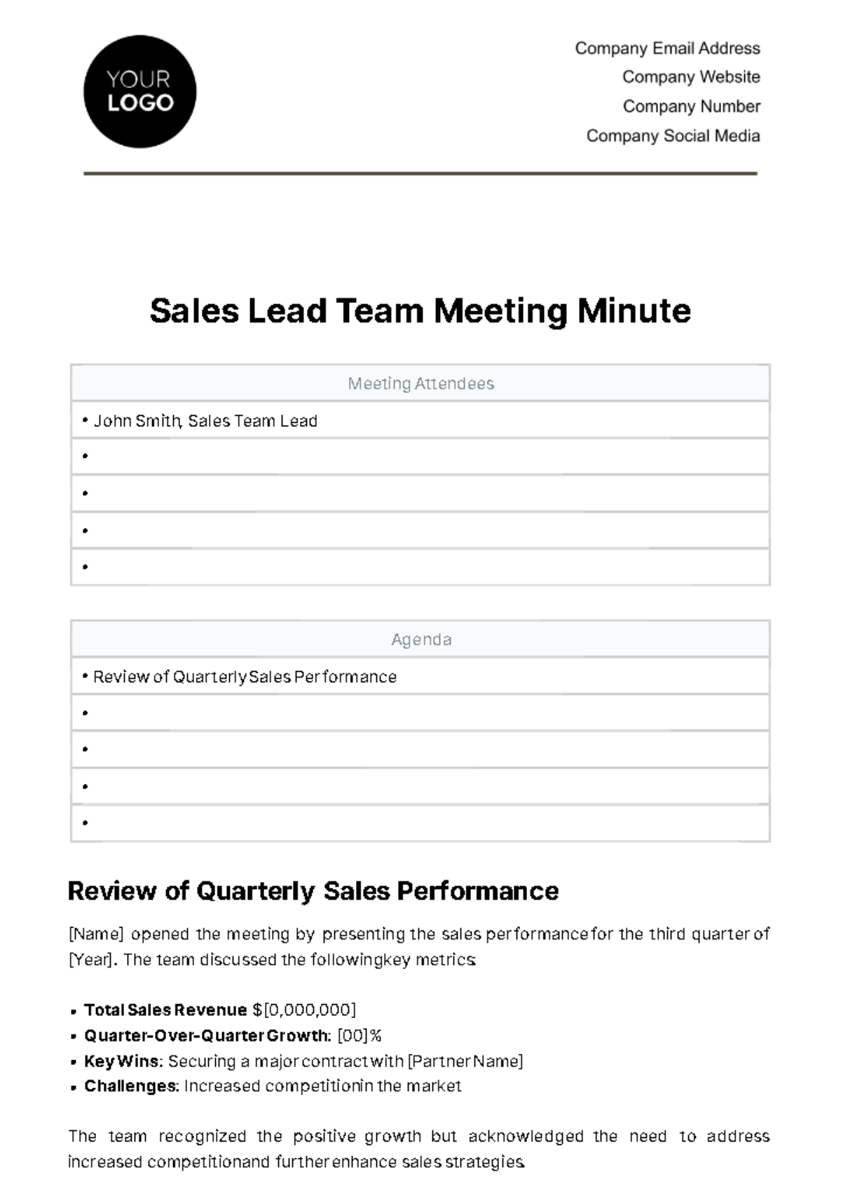 Sales Lead Team Meeting Minute Template