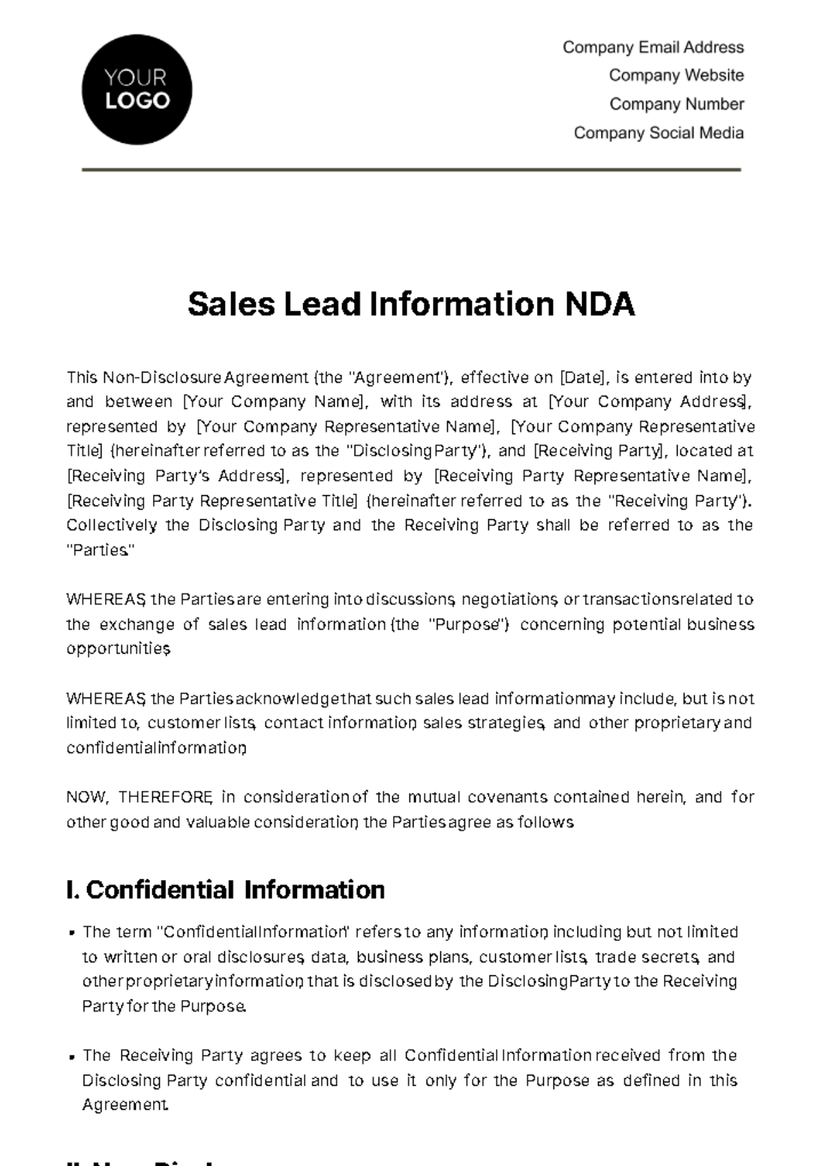 Free Sales Lead Information NDA Template